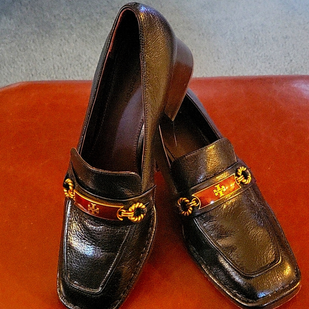 Tory Burch Women's Leather Perrine Heel Loafers with Gold Detailing, Size 9